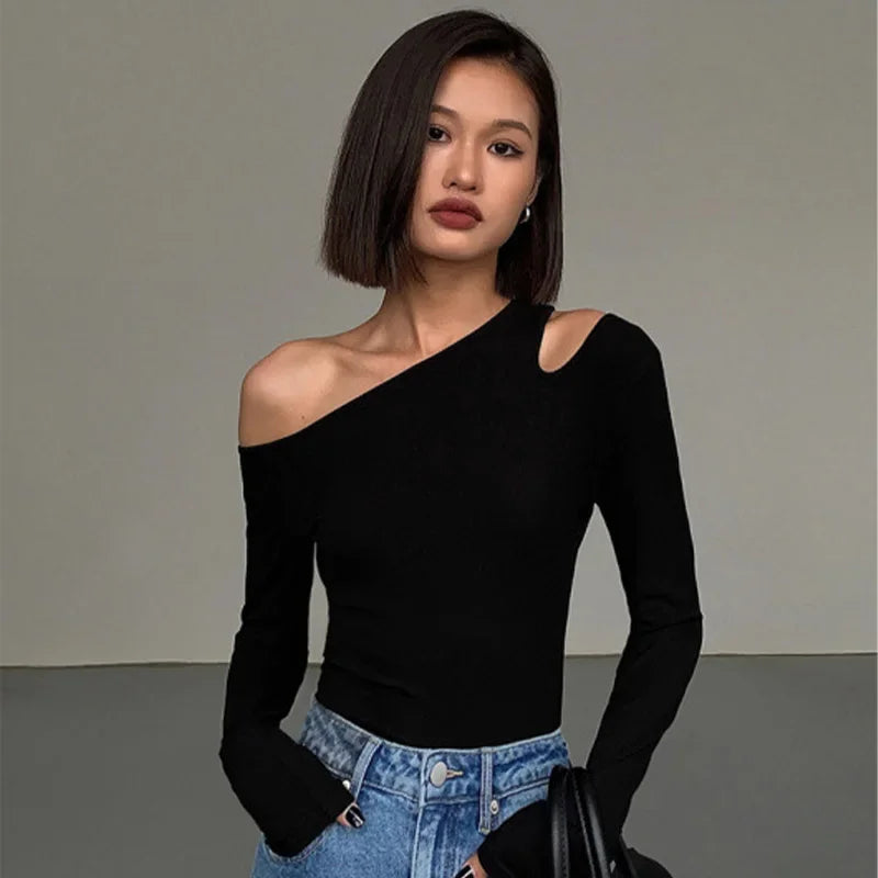 Fashion Skew Collar Off-shoulder Long-sleeved T-shirts Women Spring New Solid Slim Fit Crop Top Sexy Hollow Out Tees Shirts