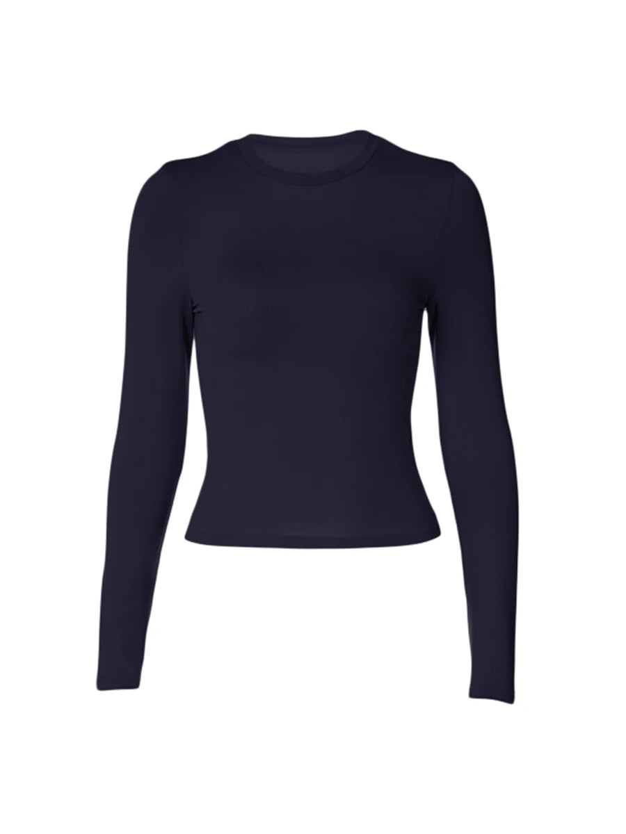 Women's Slim Fit Crop Tops Casual Solid Color Crew Neck Long Sleeve Tight T-Shirt Basic Blouse Tee Tops  Streetwear