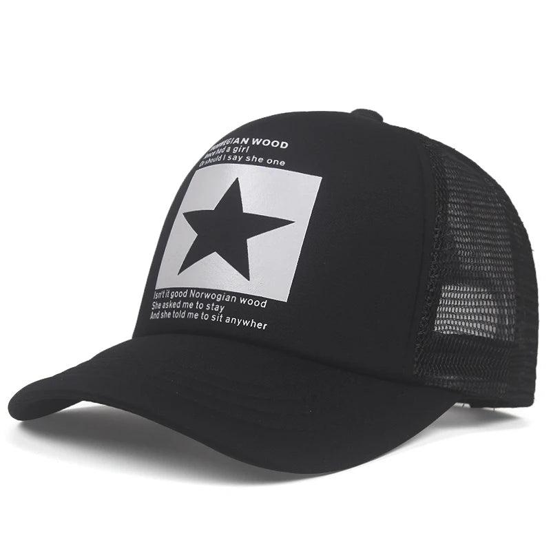 Women and Men Mesh Net Baseball cap Casual Star Printing Snapback Bone Baseball Hat Casquette Letter Black Cap