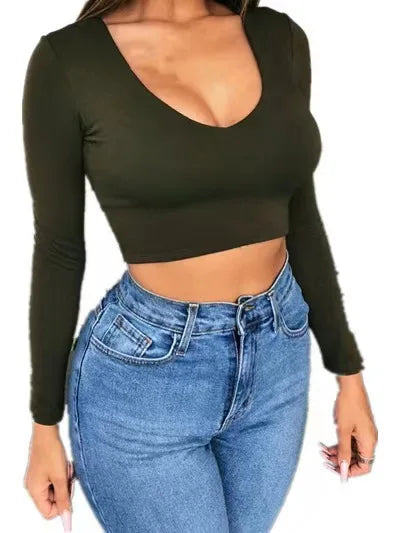 2024 Women's Slim Fit Spicy Women's Solid Color Base Shirt Sexy Ultra Short Low Cut Exposed Navel Tight Long Sleeved T-shirt Top