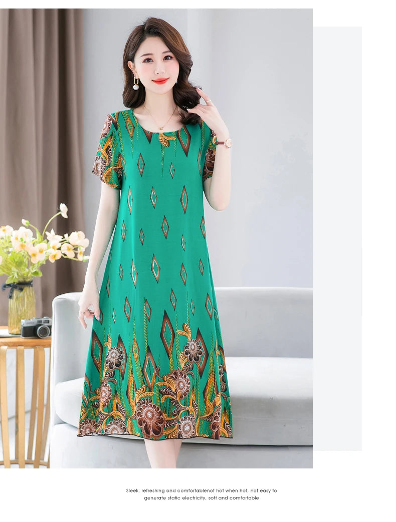 New Fashion 2024 Summer Dress For Long Vintage Loose Women Elegant Short Sleeve Casual O-neck Dresses Print Woman Clothing