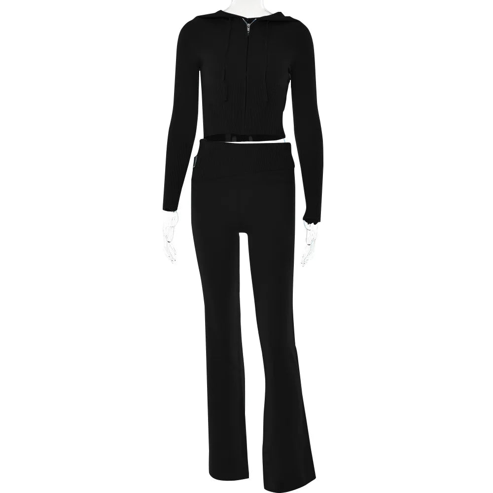 Knitted 2 Piece Sets Women Tracksuit Long Sleeve Zipper Hooded Sweater Crop Top Flare Pants Stretch Matching Suit Outfit