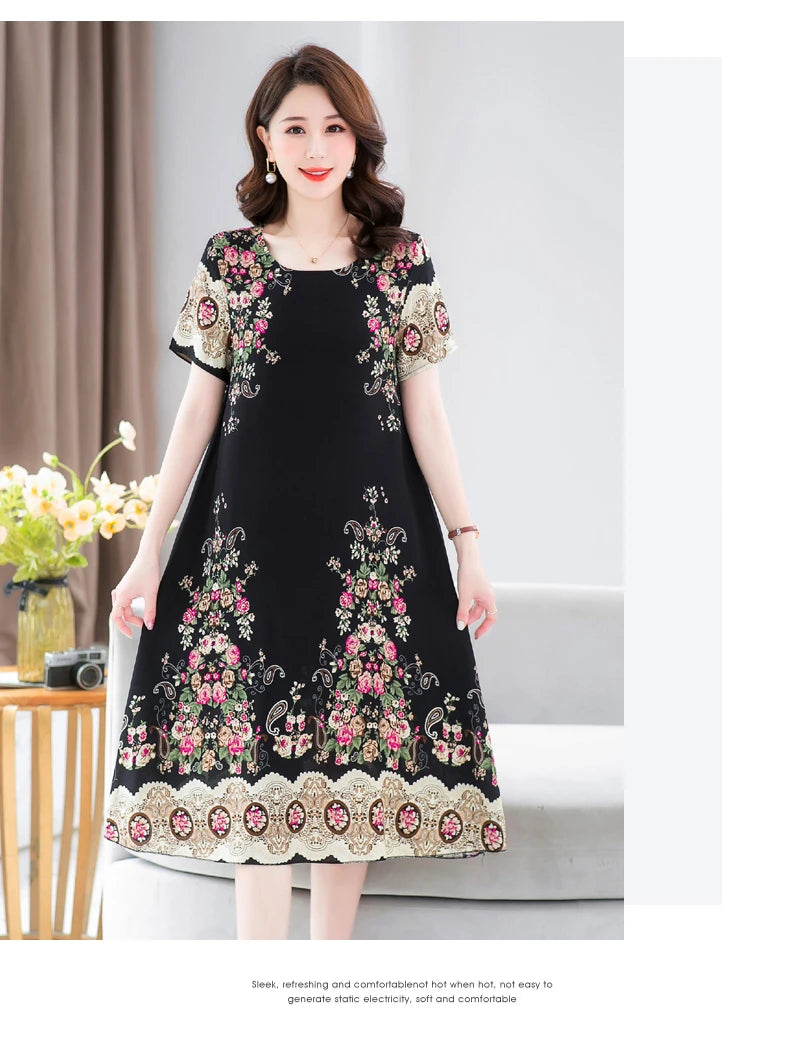 New Fashion 2024 Summer Dress For Long Vintage Loose Women Elegant Short Sleeve Casual O-neck Dresses Print Woman Clothing