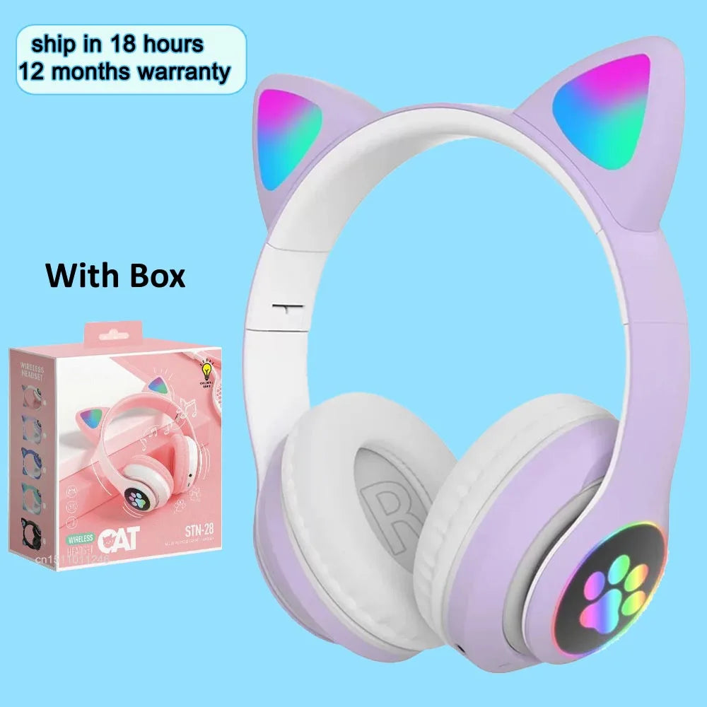 Flash Light Cat Ears Headphones Wireless With MIC Control LED Kid Girl Stereo Cute Music Helmet Bluetooth Phone Headset Earphone