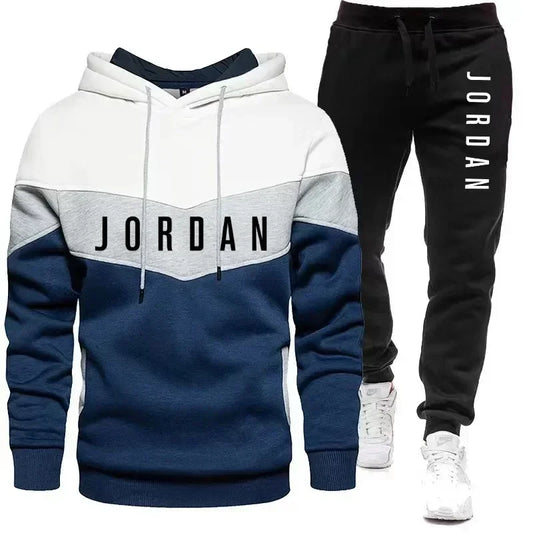 New 2025 Spring and Autumn men's spliced casual sweatshirt + pants two-piece outdoor training jogging men's hoodie sports suit