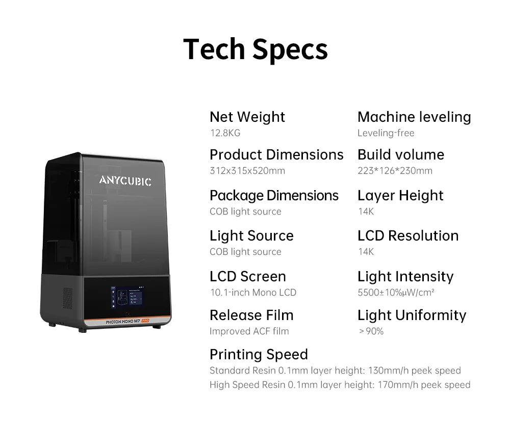 ANYCUBIC Photon Mono M7 Pro 10.1'' LCD Resin 3D Printer 14K Mono MSLA 3D Printer Speed Up to 170mm/h Printing Size 223*126*230mm