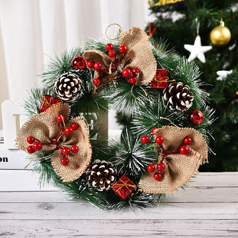 30*30cm Christmas Wreath, Artificial Red Berries Pine Cones Hanging Xmas Garland Ornament For Wall Window Door Christmas Pendant