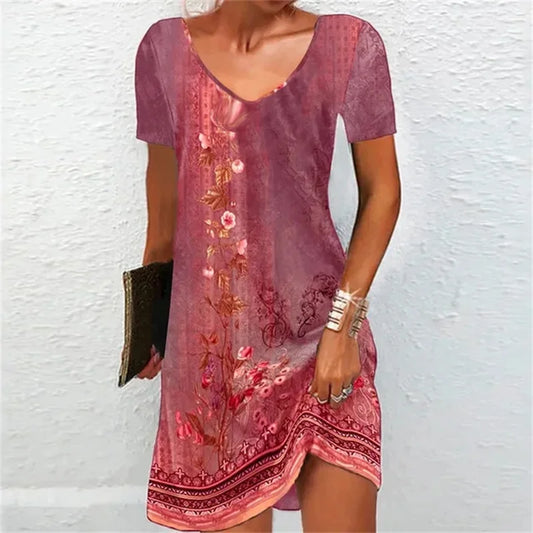 Ethnic Style Printed Women Dress Big Size 6XL Summer V-neck Short Sleeve Casual Loose Mini Dress 2023 New Elastic A-Line Dresses