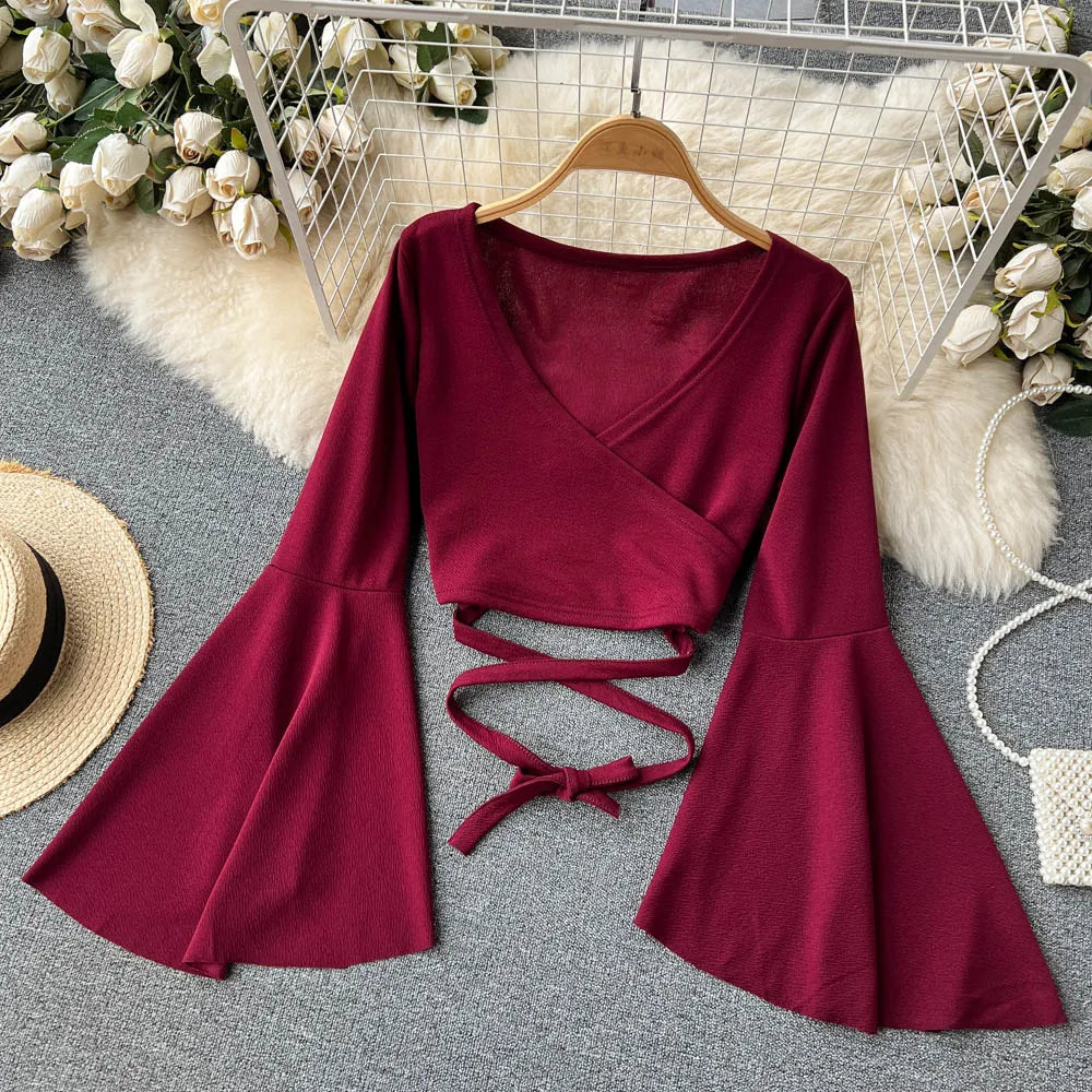 Chic Sexy Flare Long Sleeve T shirt Elegant Criss-cross Bandage Crop Top V Neck Vintage Fashion Tees Female Spring Summer Shirt