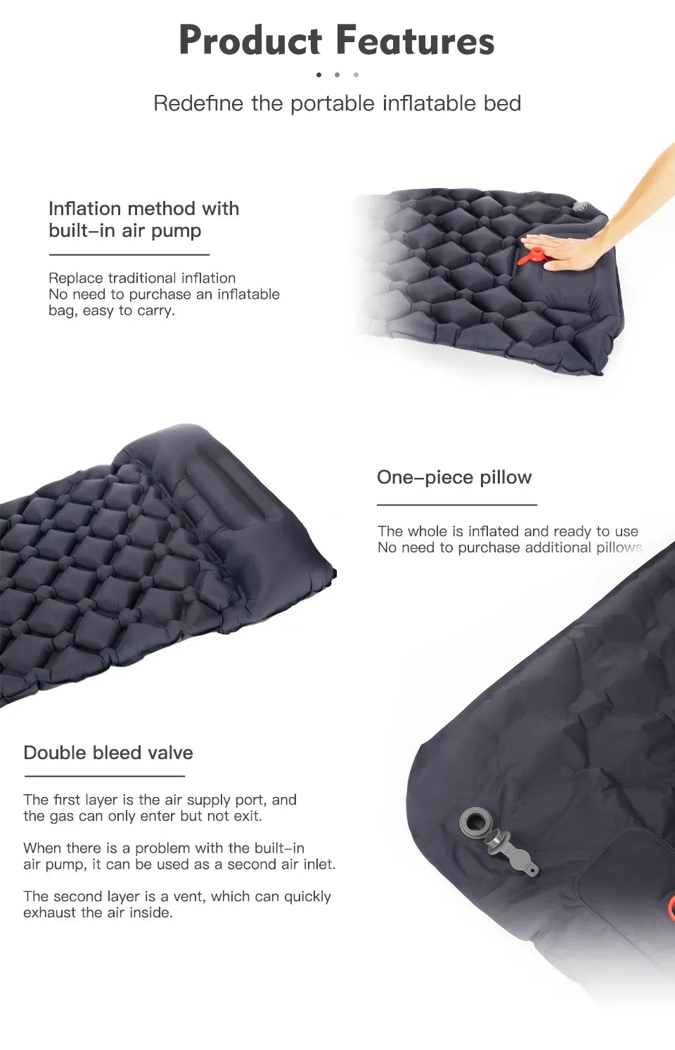 Outdoor Sleeping Pad Camping Inflatable Mattress with Pillows Travel Mat Folding Bed Ultralight Air Cushion Hiking Trekking