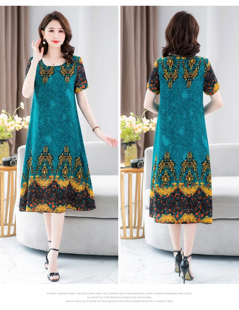 New Fashion 2024 Summer Dress For Long Vintage Loose Women Elegant Short Sleeve Casual O-neck Dresses Print Woman Clothing