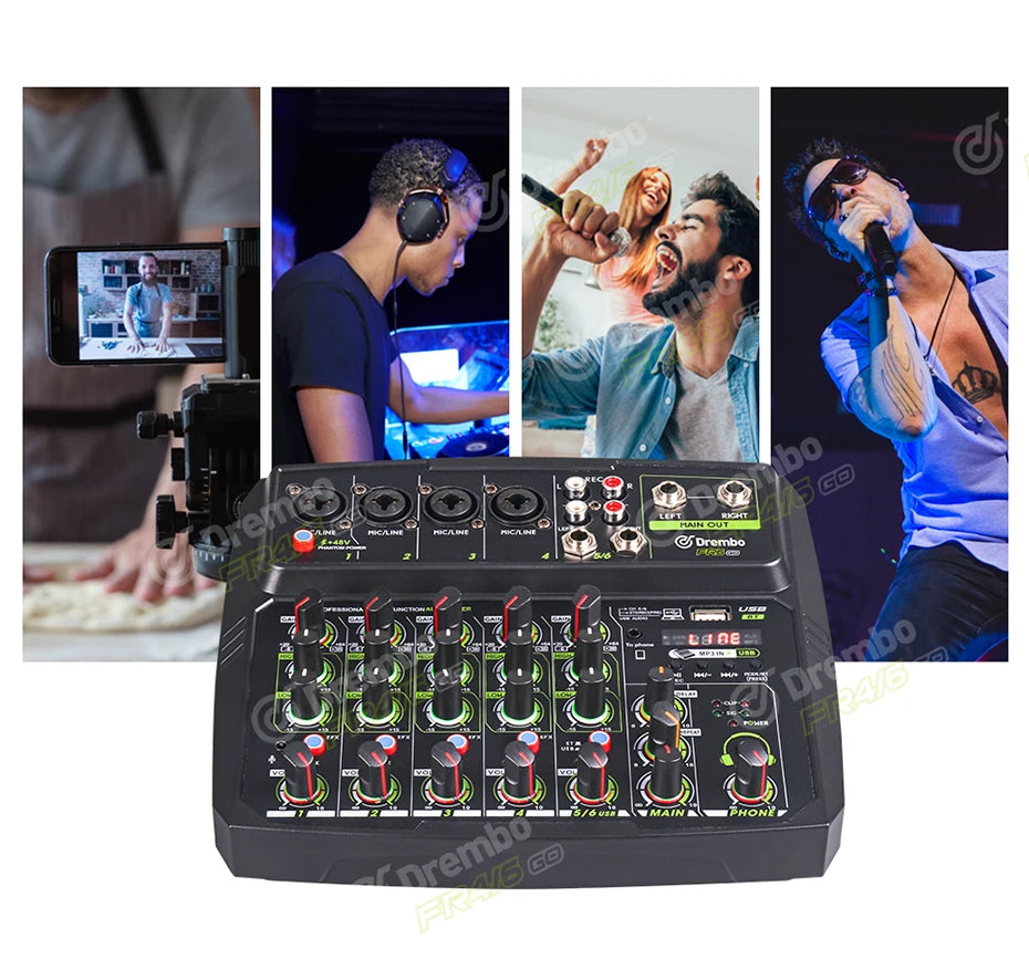 Debra 4/6 Channel Mixer Audio Mixer, DJ Console Mixer with Bluetooth 48V Phantom Power Delay Replay Effects for Bar Gigs