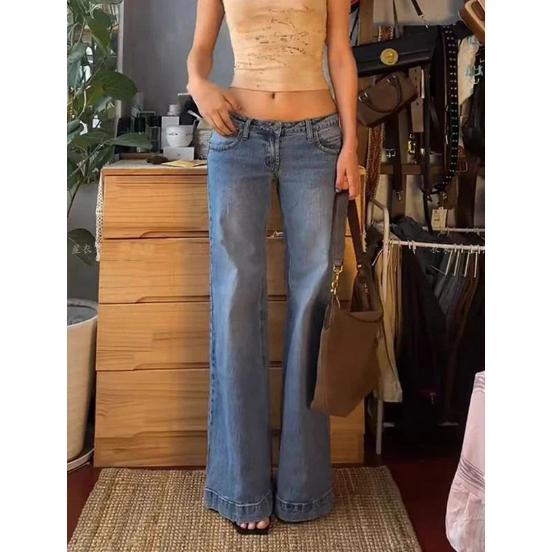 Summer Woman Retro Washed Low Waisted Flared Jeans New Chic Casual Wide-leg Pants Female Sexy Denim Bell-bottoms Trousers