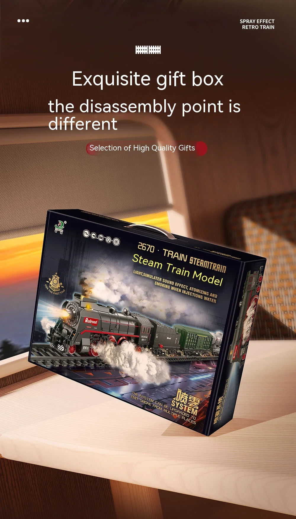 Retro Steam Train Track Suit Simulation Electric Spray Light Small Train Model Boy Gift Train Toy