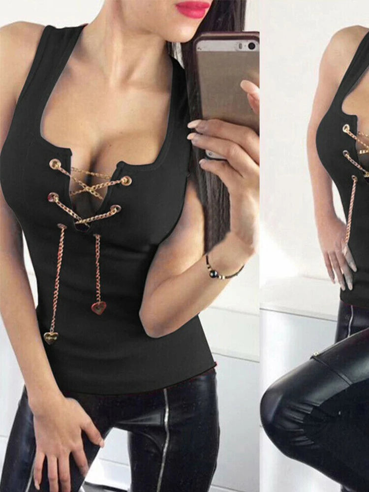 Lace-up Tank Top Women Chain Sexy Low Cut Vest Tops Ladies Deep V Neck Shirts Debardeur Femme Slim Top Women Vest Haut Femme