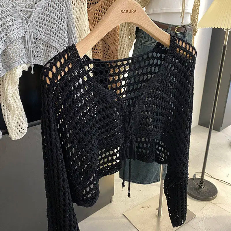 Hollow Out Short Style with Camisole Knitted Sweater for Women's Summer New Loose Long Sleeved Cover Up Sun Protection Top