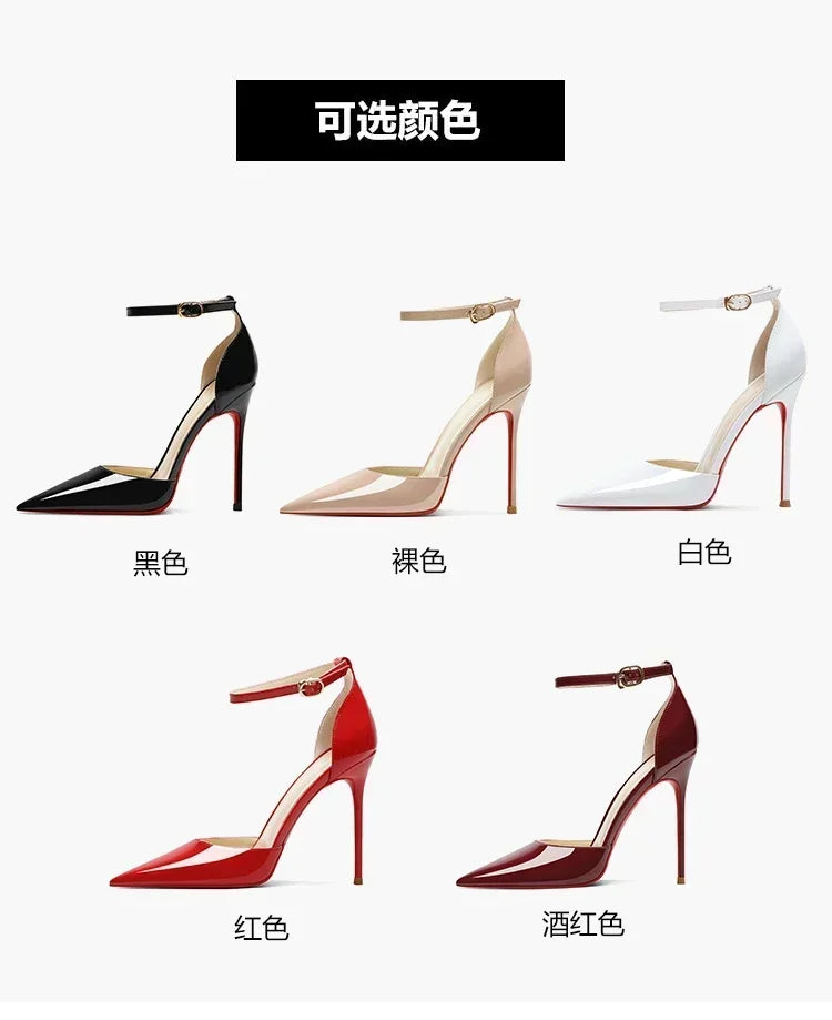 Nude colored professional high heels, women's slim heels, pointed toe, sexy new  one line buckle, wrapped sandals