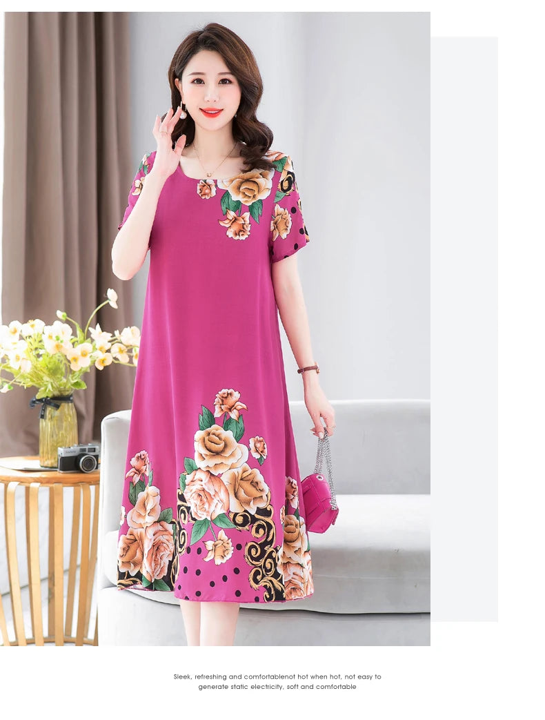 New Fashion 2024 Summer Dress For Long Vintage Loose Women Elegant Short Sleeve Casual O-neck Dresses Print Woman Clothing