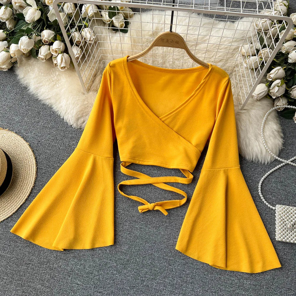 Chic Sexy Flare Long Sleeve T shirt Elegant Criss-cross Bandage Crop Top V Neck Vintage Fashion Tees Female Spring Summer Shirt