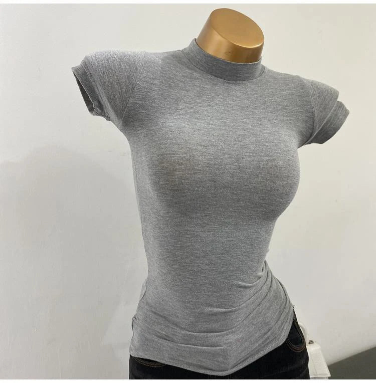 Half-high Collar T-shirt korean Transparent Short-sleeved Slim-fit Elastic Solid Inner Bottoming Shirt Sexy Big Chest T-shirt