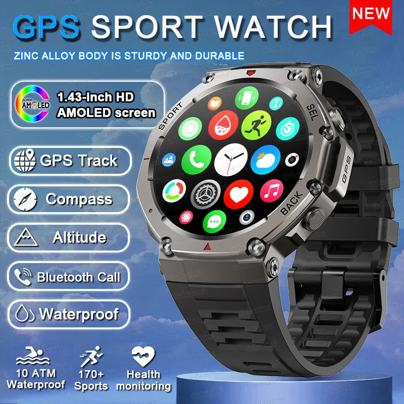 New GPS Smart Watch 1.43” HD AMOLED Display Built-in GPS Bluetooth Calls Waterproof swim Compass GPS Sports Smartwatch for Men