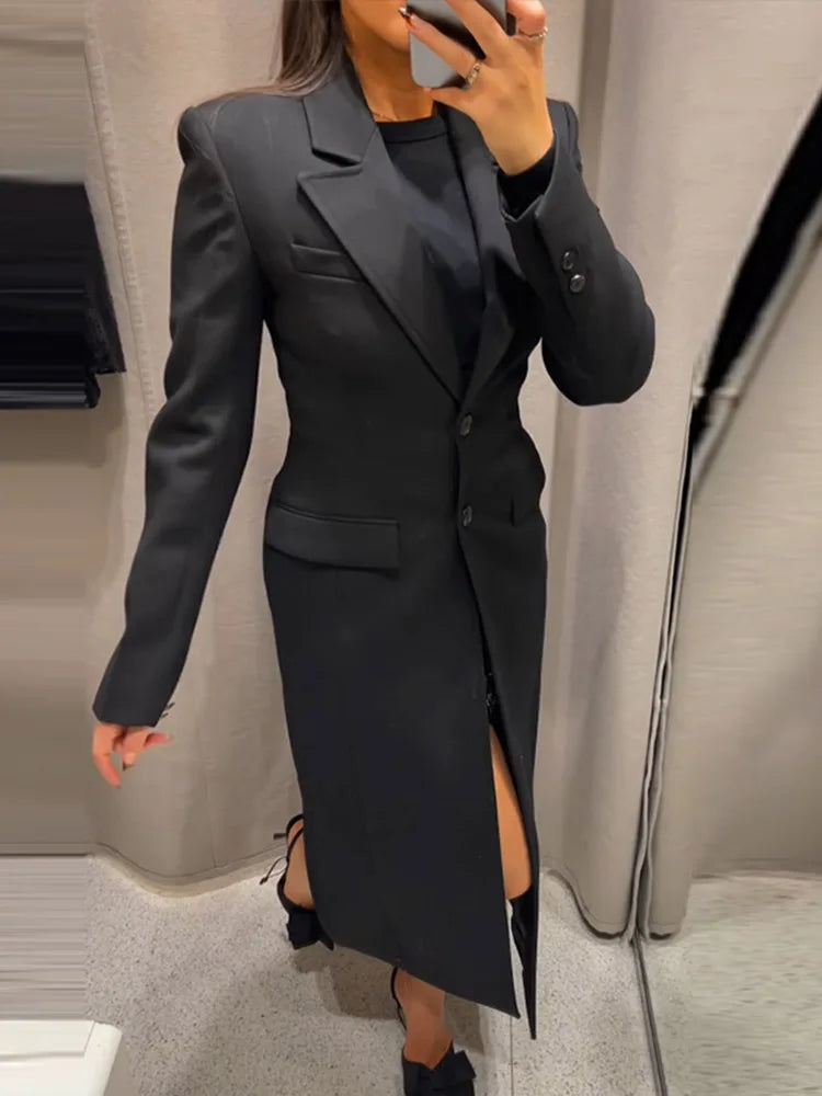 Fashion Office Lady Blazer Jacket Shoulder Pad Long Sleeve Lapel Female Coat 2025 Spring Button Pocket Lady Commuting Outwear