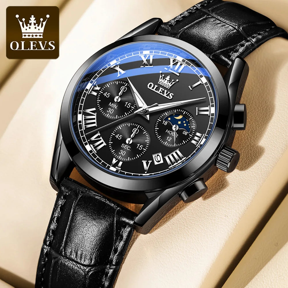 OLEVS Original Brand Men's Watches Multifunctional Moon Phase Business Quartz Watch Waterproof Luminous Leather Strap Male