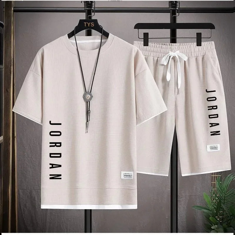 Summer fashion short-sleeved casual crew neck T-shirt + shorts two-piece men's breathable fast drying jogging basketball sports