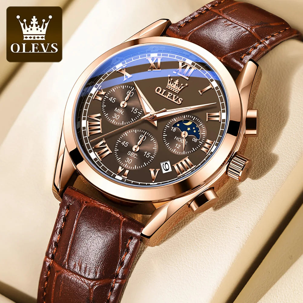 OLEVS Original Brand Men's Watches Multifunctional Moon Phase Business Quartz Watch Waterproof Luminous Leather Strap Male