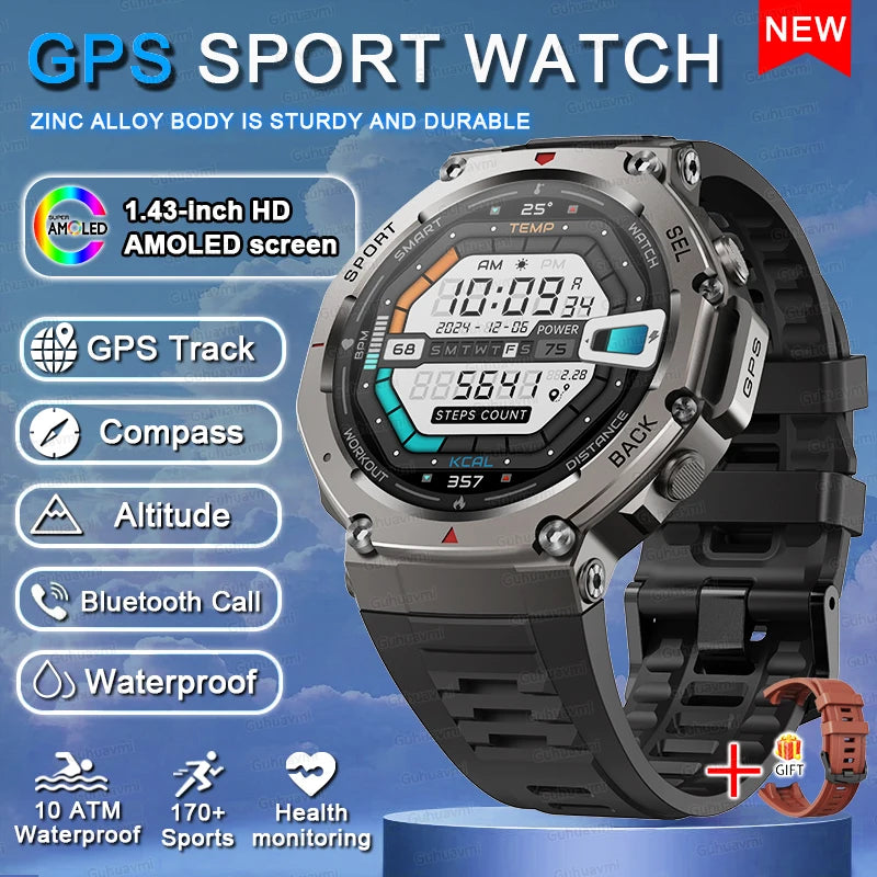 New GPS Smart Watch 1.43” HD AMOLED Display Built-in GPS Bluetooth Calls Waterproof swim Compass GPS Sports Smartwatch for Men