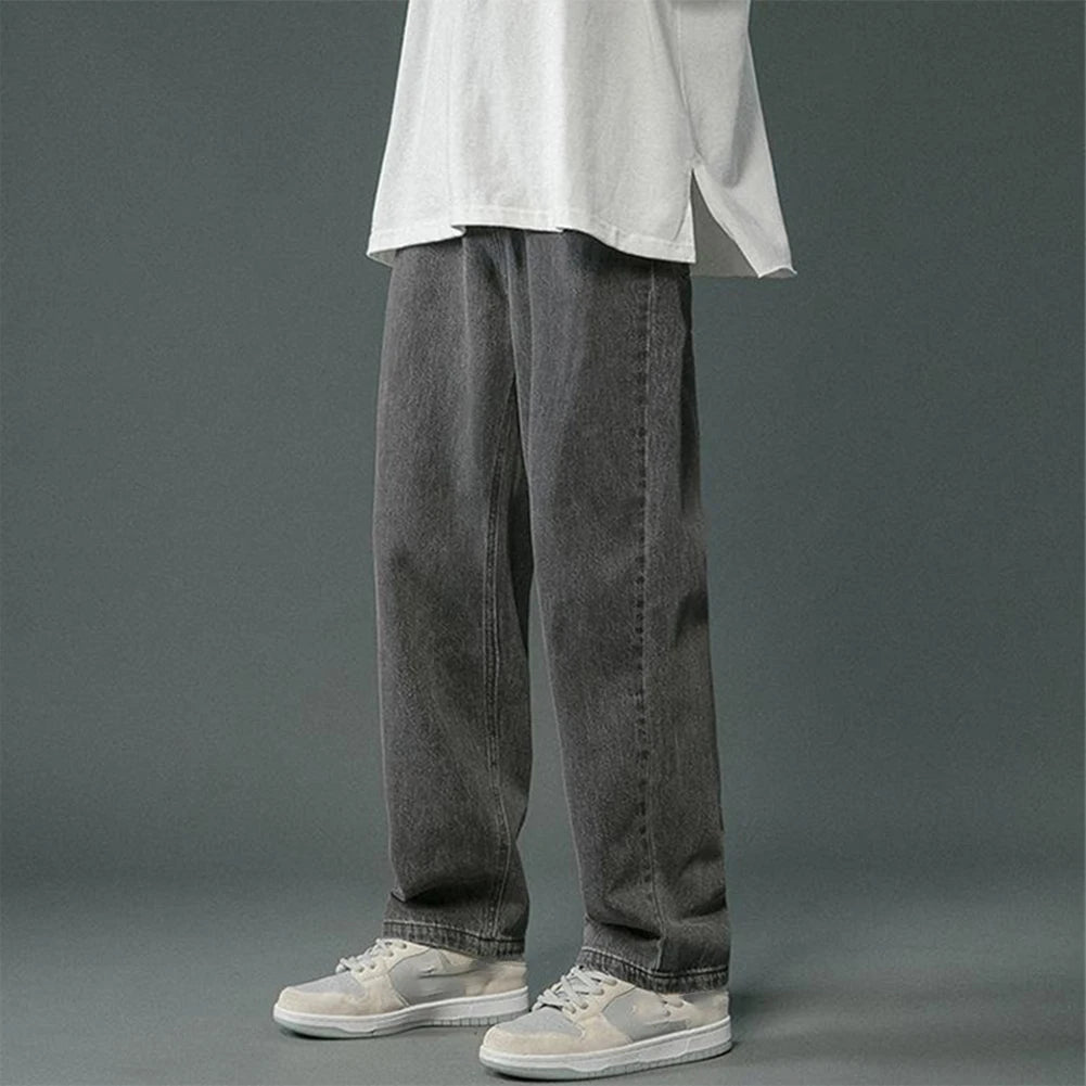 Korean Mens Hip Hop Long Baggy Jeans Straight Wide Leg Pants Soft Streetwear Trousers Men New Hong Kong Style Solid Color Trendy