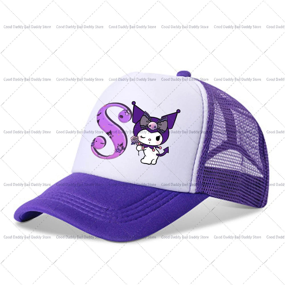 Kuromi A-Z Letter Printed Baseball Caps Adult Kids Purple Hats Summer Casquette Sanrio Y2K Graphic Beanies Kawaii Accessories