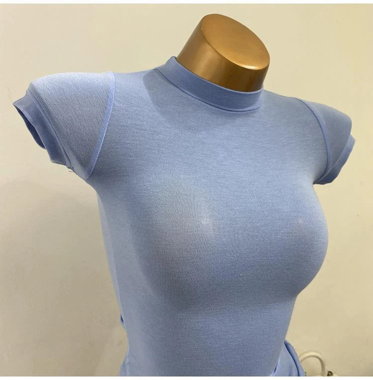 Half-high Collar T-shirt korean Transparent Short-sleeved Slim-fit Elastic Solid Inner Bottoming Shirt Sexy Big Chest T-shirt