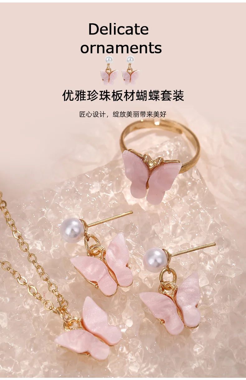 4Pcs/set Crystal Butterfly Jewelry Sets Acrylic Romantic Bracelets Ring Necklace Earring Set for Women Femme Wedding Party