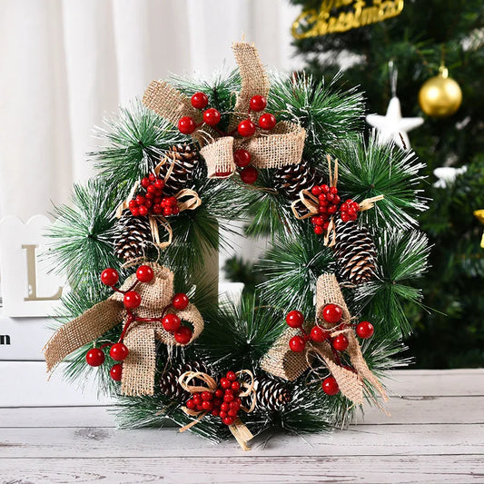 30*30cm Christmas Wreath, Artificial Red Berries Pine Cones Hanging Xmas Garland Ornament For Wall Window Door Christmas Pendant