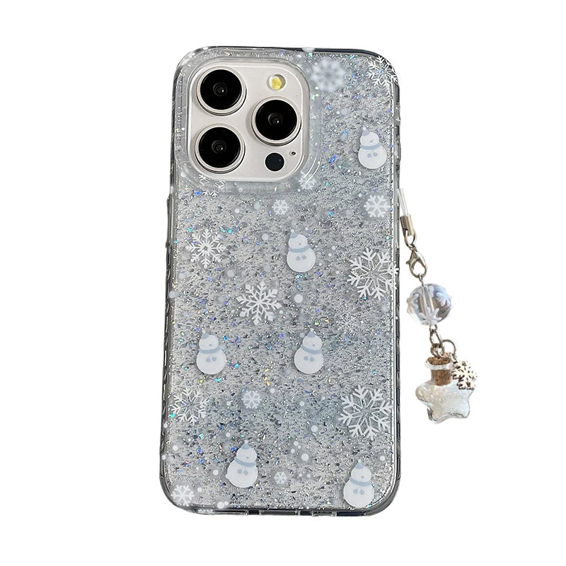 Winter Glitter Snowman Snowflake Phone Case For iPhone 16 Pro Max 15 13 14 Silver Foil Transparent TPU Back Cover