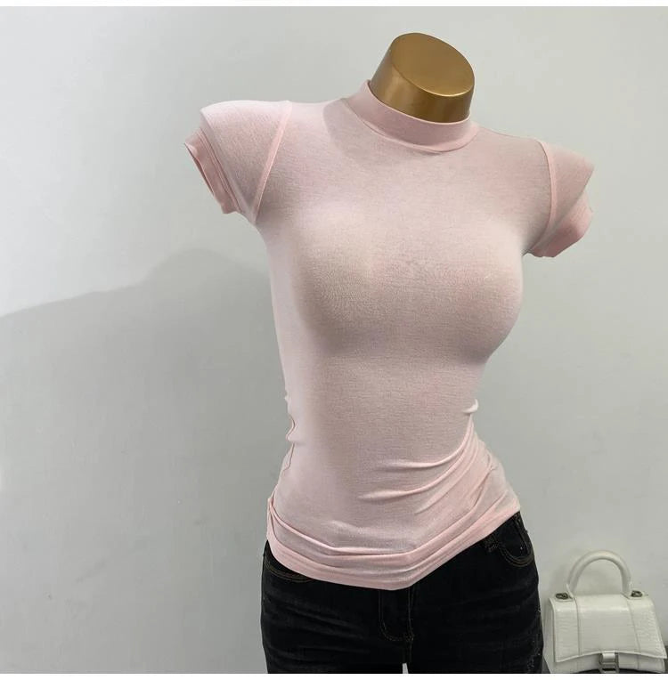 Half-high Collar T-shirt korean Transparent Short-sleeved Slim-fit Elastic Solid Inner Bottoming Shirt Sexy Big Chest T-shirt