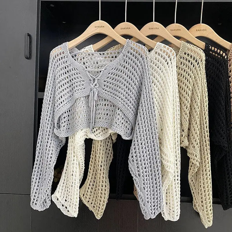 Hollow Out Short Style with Camisole Knitted Sweater for Women's Summer New Loose Long Sleeved Cover Up Sun Protection Top