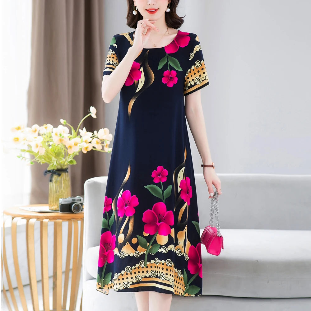 New Fashion 2024 Summer Dress For Long Vintage Loose Women Elegant Short Sleeve Casual O-neck Dresses Print Woman Clothing