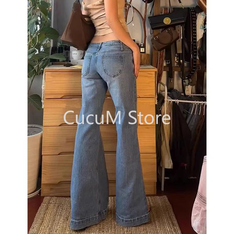 Summer Woman Retro Washed Low Waisted Flared Jeans New Chic Casual Wide-leg Pants Female Sexy Denim Bell-bottoms Trousers