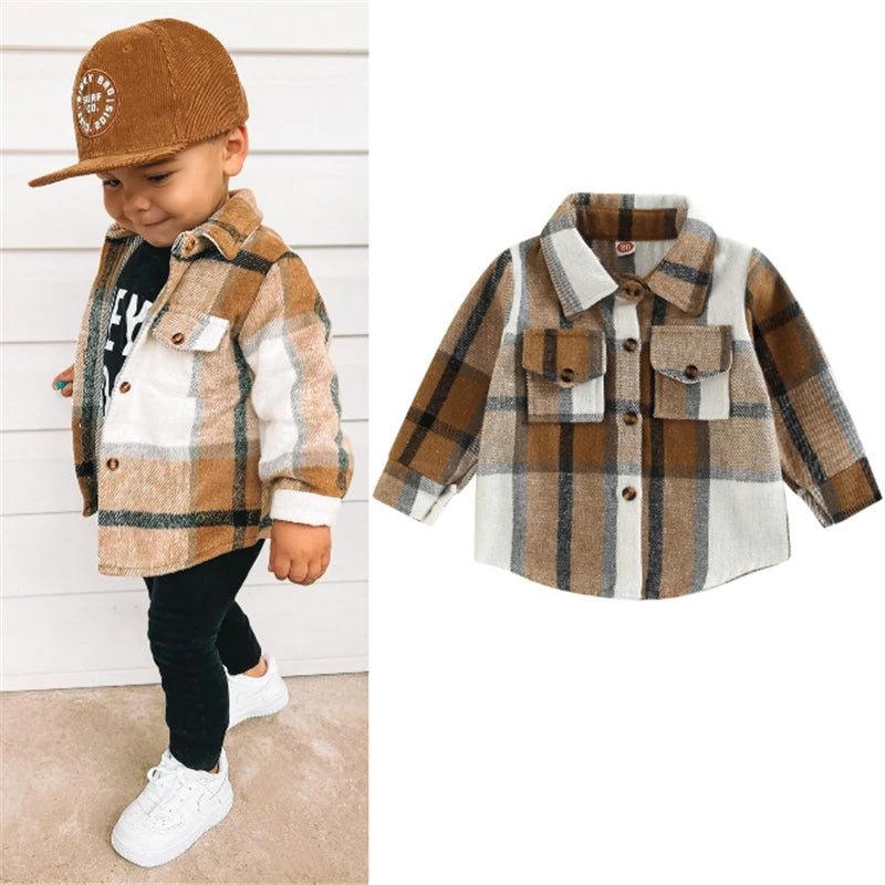 Kids Baby Girl Boy Plaid Shirt Jacket Casual Lapel Long Sleeve Button Up Cardigan Jacket Coat Autumn Children Clothing