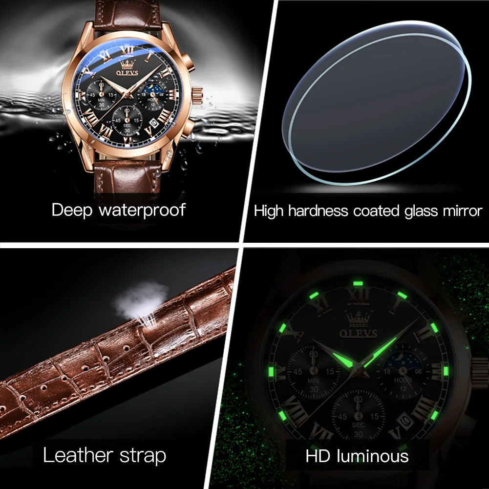 OLEVS Original Brand Men's Watches Multifunctional Moon Phase Business Quartz Watch Waterproof Luminous Leather Strap Male