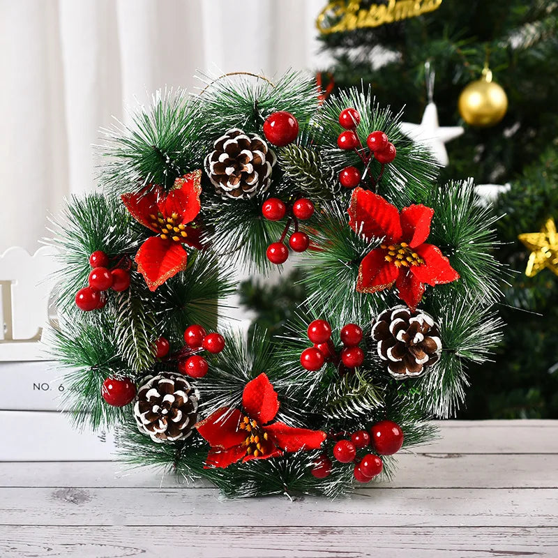 30*30cm Christmas Wreath, Artificial Red Berries Pine Cones Hanging Xmas Garland Ornament For Wall Window Door Christmas Pendant