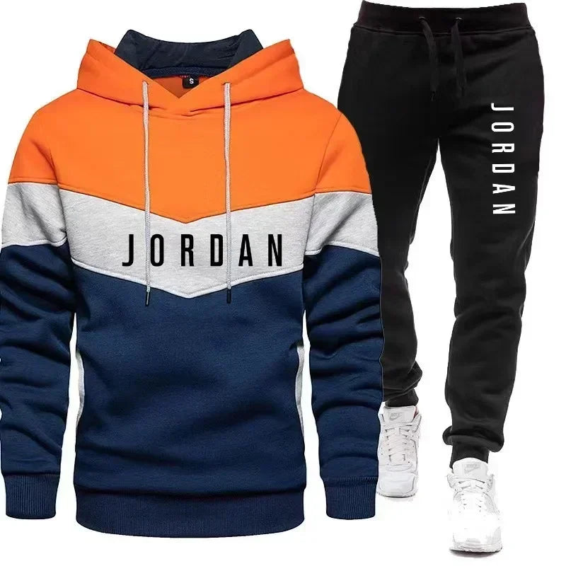 New 2025 Spring and Autumn men's spliced casual sweatshirt + pants two-piece outdoor training jogging men's hoodie sports suit