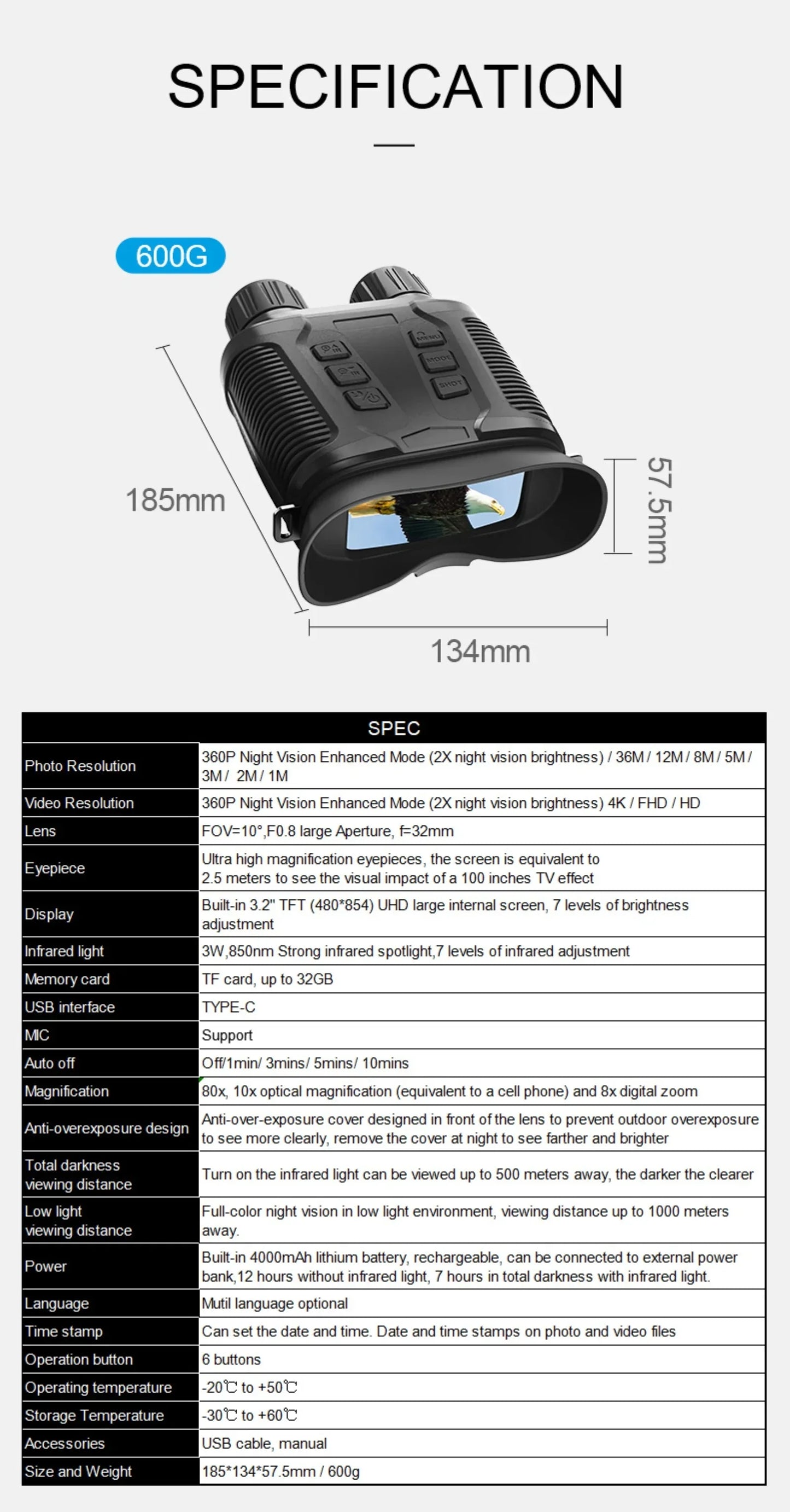 NV3280 Night Vision full Color 36MP Telescope Trail camera 10X Optical 8X Zoom 500M Infrared Digital binoculars for Hunting