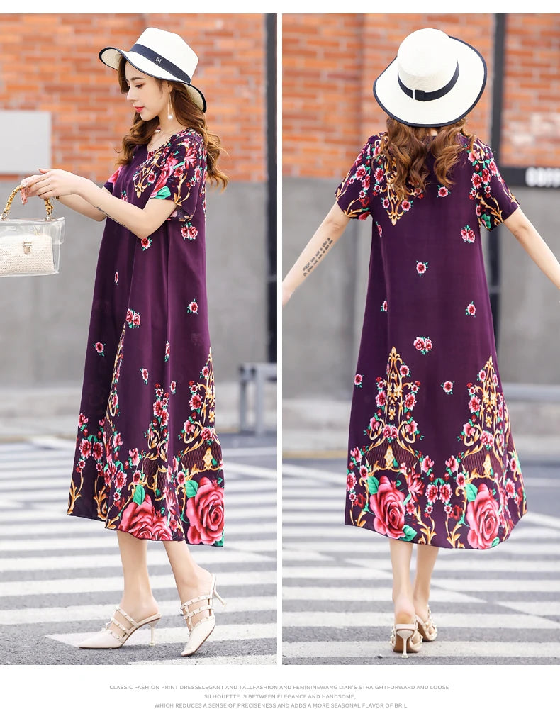 New Fashion 2024 Summer Dress For Long Vintage Loose Women Elegant Short Sleeve Casual O-neck Dresses Print Woman Clothing