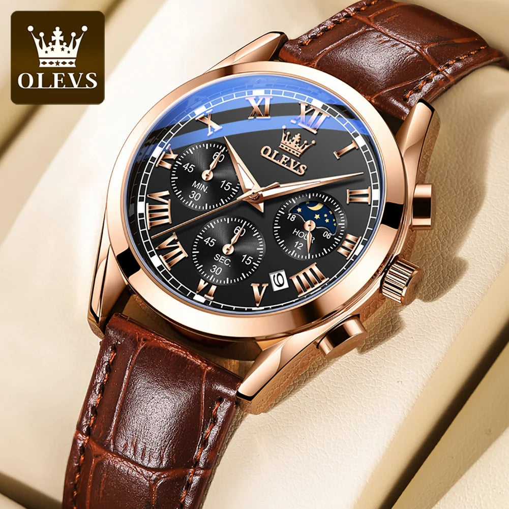 OLEVS Original Brand Men's Watches Multifunctional Moon Phase Business Quartz Watch Waterproof Luminous Leather Strap Male