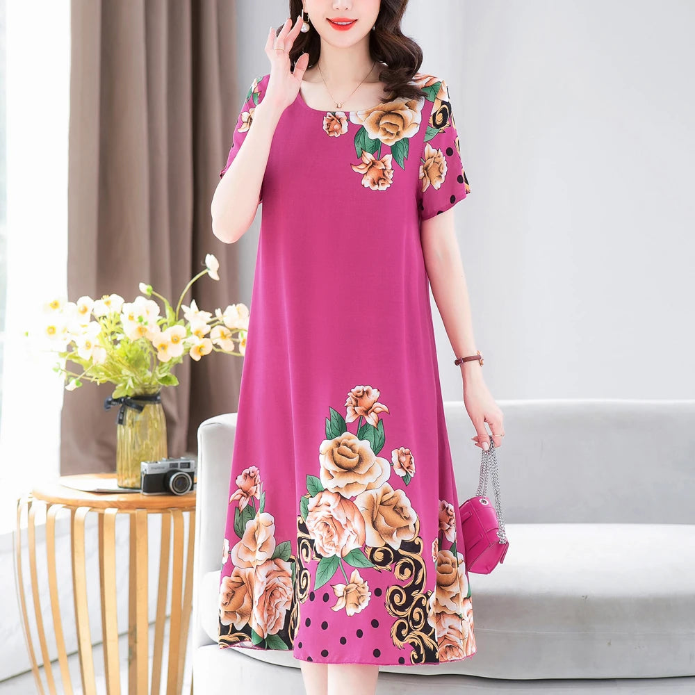 New Fashion 2024 Summer Dress For Long Vintage Loose Women Elegant Short Sleeve Casual O-neck Dresses Print Woman Clothing