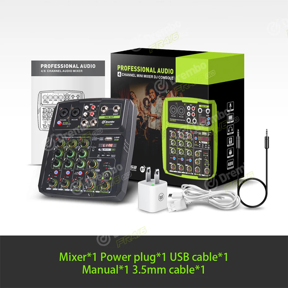 Debra 4/6 Channel Mixer Audio Mixer, DJ Console Mixer with Bluetooth 48V Phantom Power Delay Replay Effects for Bar Gigs