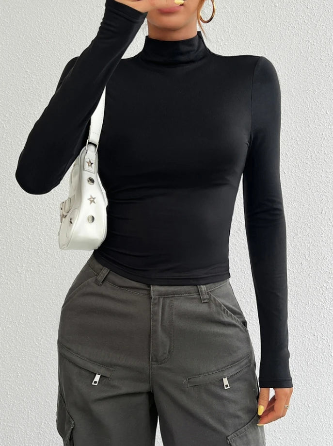 Woman Blouse 2024 Spring Fashion Y2K Slim Fit Solid Color Casual High Neck Tight Fitting Daily Basic Long Sleeved T-Shirt Top